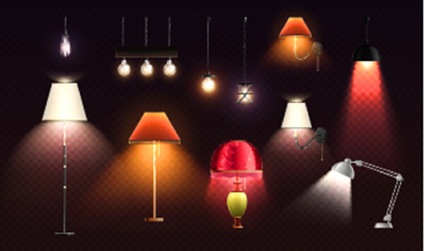 房屋照明灯具逼真透明的独立设计师不同颜色的灯罩与光点矢量插图